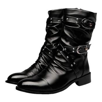 Spring and autumn high-top leather shoes for men, mid-calf korean-style martin boots, men's pointed-toe british fashion plus velvet warm leather boots, trendy