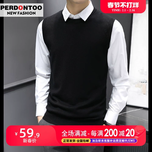 Демисезонный трикотажный мужской жилет, черный приятный телу свитер без рукавов, облегающий крой