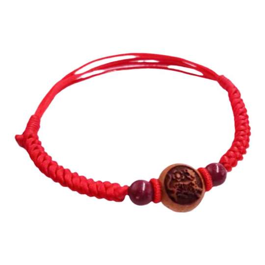 Peach wood zodiac cinnabar ankle chain