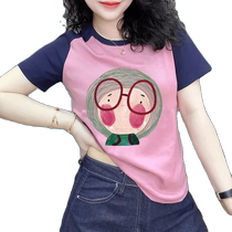 European raglan sleeves contrasting color short-sleeved T-shirts for women popular summer fashion printed T-shirts high-end big-name loose tops