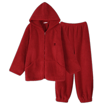Same language couple pajamas autumn and winter coral velvet red hooded suit men and women festive wedding home wear thickened