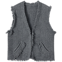 SUSHE 100% sheep wool woven texture raw edge tassel retro loose knitted vest for women spring