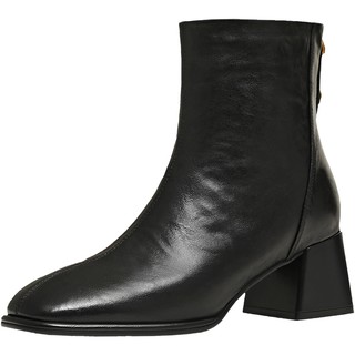 Tianmeiyi retro square toe thick heel plus velvet fashion boots short boots women's shoes high heels leather boots 2025 winter new style