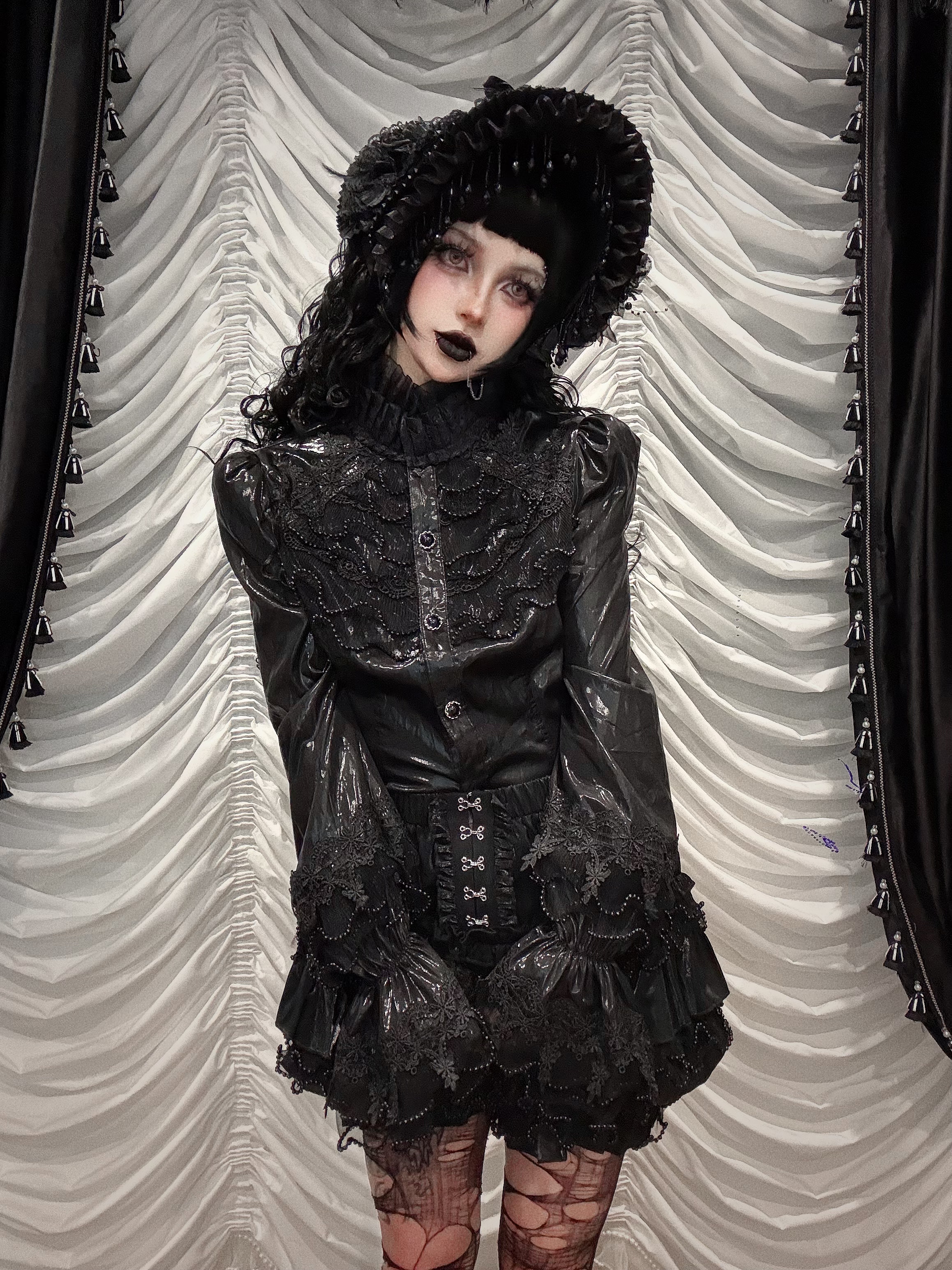 Made in Hell | Devilfashion Dark Gothic Style Glossy High-Neck Lace Bell-Sleeve Shirt Sht169