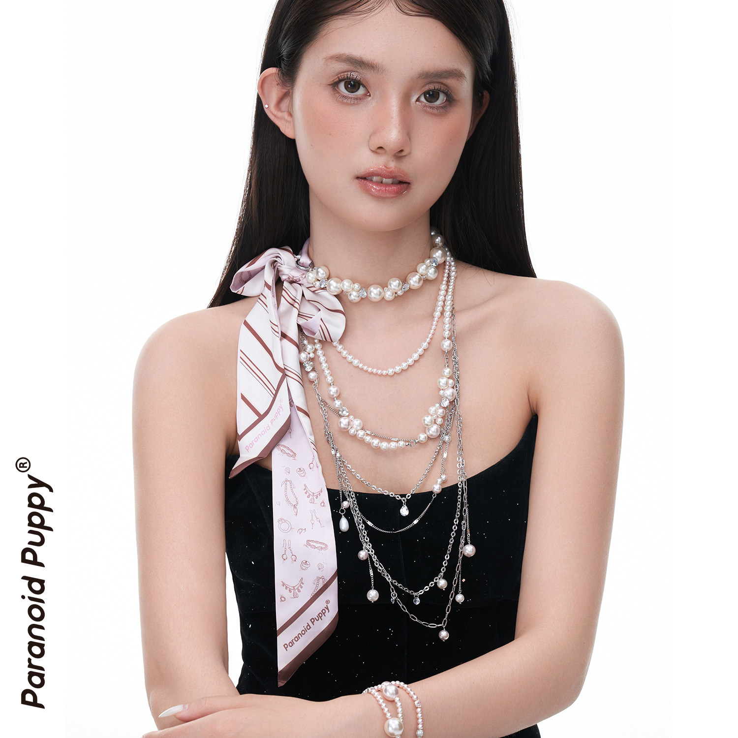 [Korean Group Style] PP "Fu" Pink Pearl Necklace, Luxury Clavicle Chain, Bow Scarf Sweater Chain