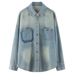 Eleven Stone Gang Feng cavity Retro washing and destroying light -colored denim shirts Female little loose and thin jacket