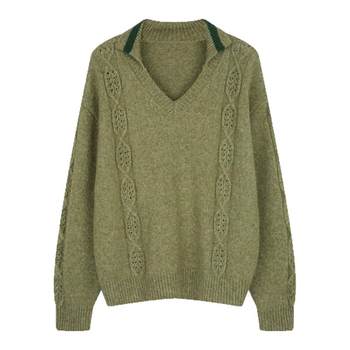 Solighter wool cable v-neck pullover sweater