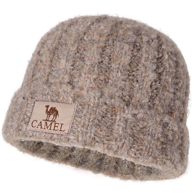 Camel wool yarn knitted hat for warmth and ear protection