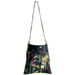 New Niche Retro Artistic Floral Heavy Embroidery Chain Denim Bag, Fashionable and Versatile Student Shoulder Crossbody Bag