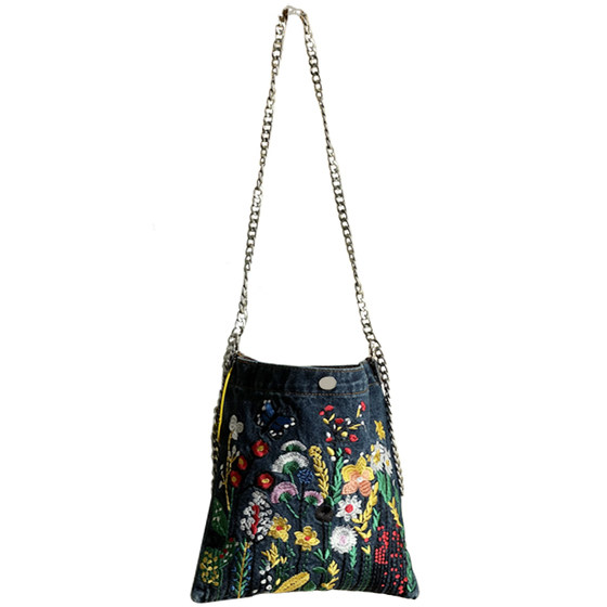 Xifanni denim bag floral embroidery retro chain bag