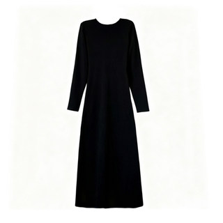 秋冬长袖圆领长裙子A字长裙显瘦宽松外穿打底极简风黑色连衣裙女