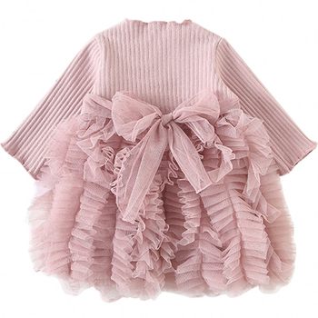 Spring and Autumn Infant and Toddler Spliced ​​​Mesh Cake Skirt Gauze Skirt with Bow Long Sleeve Baby Knitted Princess Dress