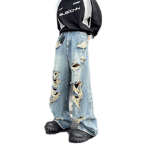 American ripped jeans for men 2024 summer new style loose large size wide leg slimming versatile washed distressed pants