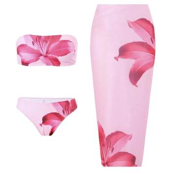 Whimsy pink seaside resort style flower print hot spring resort sexy bikini three-piece set