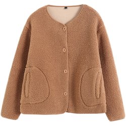 Japanese pure origin fashionable and versatile lamb velvet polar fleece round neck single-breasted long-sleeved warm cardigan fleece jacket for women