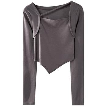 Autumn and Winter New Korean Style Square-Neck Pure Cotton Solid Color Slim-Fit Short Long-Sleeve T-Shirt Top for Women