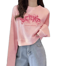 European style letter printed short pink sweatshirt for women spring and autumn new style high waist loose slim long sleeve top