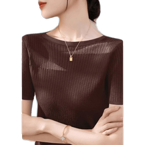 Temperament one-shoulder ice silk knitted short-sleeved T-shirt for women summer thin hollow lace mesh slim fit top
