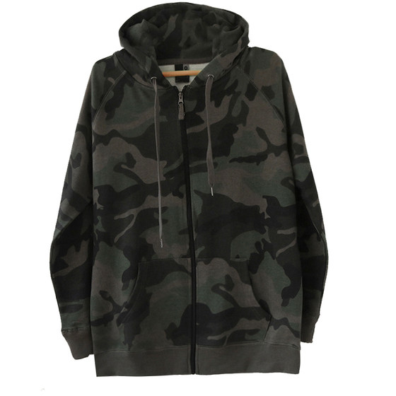 Cool handsome hip -hop European and American camouflage men and women couples spring and autumn hooded coat zipper pure cotton woolen sweater