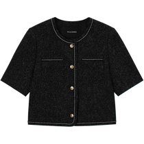 Peacebird floral gauze small fragrant style short-sleeved jacket for women 2024 autumn new quality short style high-end black jacket