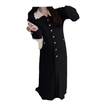 Jingqi maternity dress autumn and winter style petite temperament age-reducing splicing lapel single-breasted knitted sweater long skirt