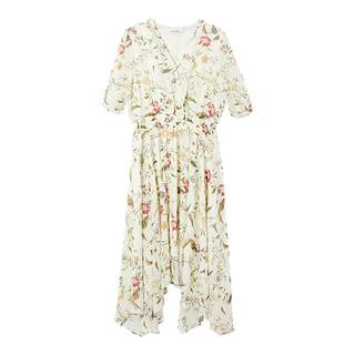 朗姿桑蚕丝v领高腰a字碎花裙2025年夏季新款高级感气质中长连衣裙