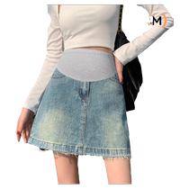 Pregnant woman denim skirt for spring and autumn outer wear high waist slimming belly support hip A-line short skirt summer 2024 new style
