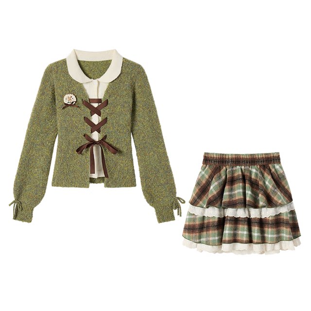 Fabric Pig Senyu Tangqiao Retro forest-style outfit fake two-piece sweater for women winter sweet green long-sleeved sweater