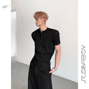 ACE极简老钱风纯色亨利领T恤春夏cleanfit痞帅修身正肩上衣打底衫