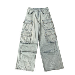 ຮ້ານ Weilang's American multi-pocket jeans men's niche retro blue-leg wide-legs overall pants European and American trendy