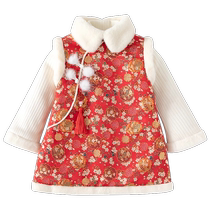 Girls dress autumn and winter one-year-old baby dress childrens velvet quilted cheongsam dress winter national style New Years greeting dress