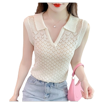 Ice Silk Knit Vest Woman Summer Thin 2024 new design sense hollowed-out v collar t-shirt polo shirt sleeveless blouse