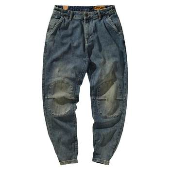 ໂສ້ງຂາຍາວ denim ແອວ elastic ສໍາລັບຜູ້ຊາຍ, ຍີ່ຫໍ້ trendy pants harem ຂະຫນາດໃຫຍ່ວ່າງ, patches ງາມ trendy, leggings workwear ສີອ່ອນ