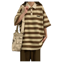 Striped short-sleeved T-shirt mens summer pure cotton loose polo shirt shorts suit two-piece teen fashion brand wear