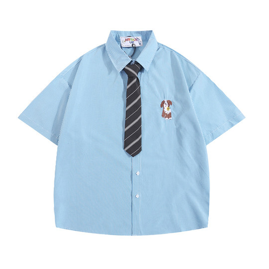 Рубашка с короткими рукавами и галстуком в стиле японского ретро-щенка с вышивкой
