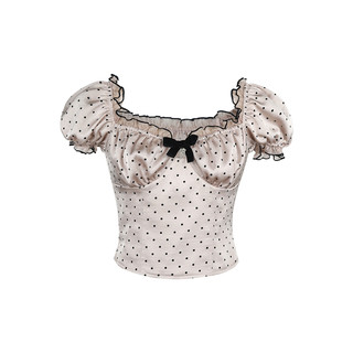 Mummy Cat 下蛋喵 日系甜美波点蝴蝶结木耳边泡泡袖短袖上衣
