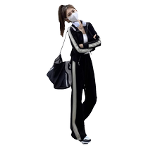 2024 new style fashionable American casual sports black sweatshirt wide-leg pants two-piece suit for women in autumn