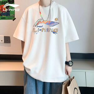 李宁短袖男夏季新款黑色纯棉半袖青少年潮流印花宽松大码运动t恤