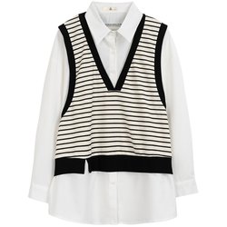 Striped knitted vest splicing shirt fake two piece plus size women's clothes 200 pounds fat mm fashionable slim versatile top