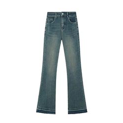 jeans bootcut ສີຟ້າ Retro ສໍາລັບແມ່ຍິງໃນພາກຮຽນ spring ແອວສູງ elastic slimming ຂະຫນາດຂະຫນາດໃຫຍ່ແລະໄຂມັນ mm pear-shaped ຮ່າງກາຍ horseshoe pants