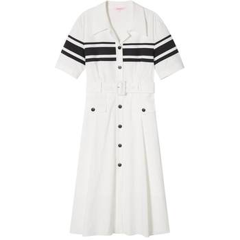 Salt.p keyan 2024 summer lapel waist college style black and white striped shirt skirt dress