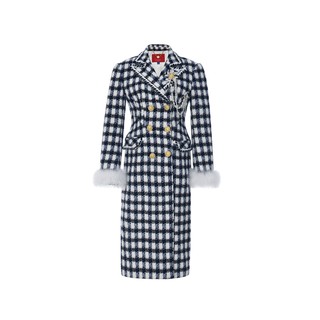 lefame拉飞姆名媛气质优雅蓝白格纹收腰长款大衣