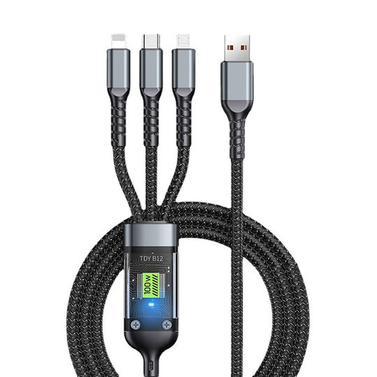 100W super fast charging three-in-one charging cable 6A suitable for Apple Huawei Android mobile phones universal one-to-three data cable transparent chip type-c with light