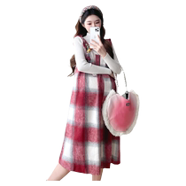Jingqi maternity wear autumn and winter high-end pregnancy dress 2024 new woolen plaid suspender skirt suit