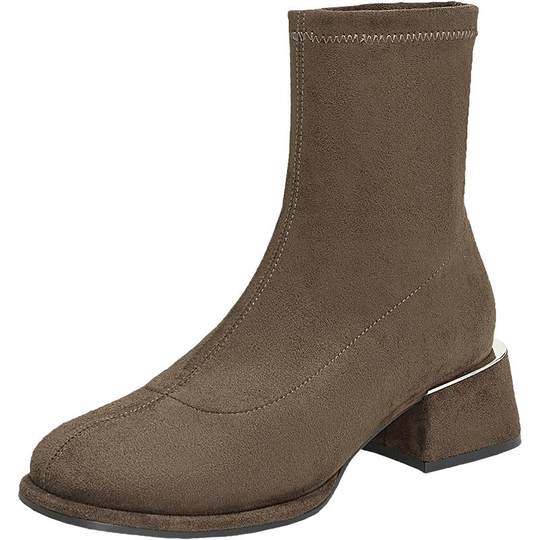 百思图冬商场新款法式绒面弹力瘦瘦靴加绒粗跟女短靴E0283DD4