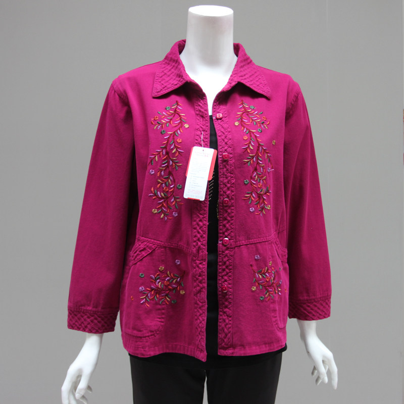 เสื้อเชิ้ตแขนยาวผ้าฝ้าย สำหรับคุณแม่วัย 50-60 ปี ใส่ได้ทั้งฤดูใบไม้ผลิและฤดูใบไม้ร่วง เสื้อผ้าสำหรับสตรีวัยกลางคนและผู้สูงอายุ เสื้อผ้าคุณยาย ปักลาย ไซส์ใหญ่