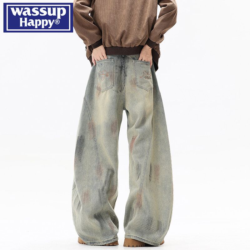 กางเกงยีนส์ขาดๆ แนวอเมริกันสไตล์แฮปปี้ของ Wassup สำหรับผู้ชาย รุ่นใหม่ฤดูใบไม้ผลิและฤดูใบไม้ร่วง ทรงหลวม แบรนด์แฟชั่นล้างสี กางเกงขาโค้งทรงหลวม