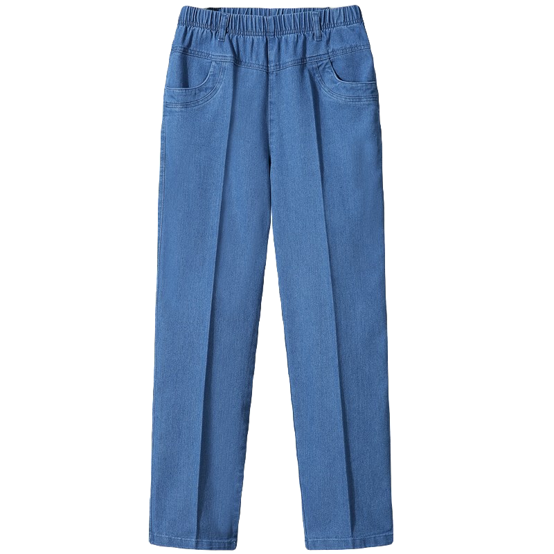 春季新款妈妈牛仔裤女高腰弹力宽松直筒裤中老年人松紧腰休闲裤子