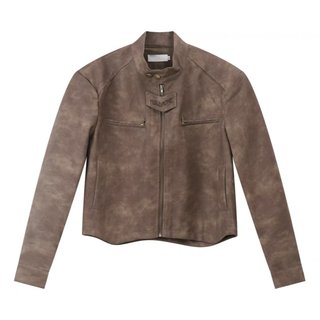 Short shoulder padded leather jacket, trendy leather jacket, motorcycle stand collar