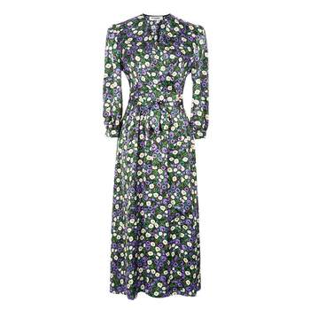 Mi Siyang 2024 new summer style satin floral three-quarter sleeve a-line skirt elegant high-waisted V-neck dress 0855